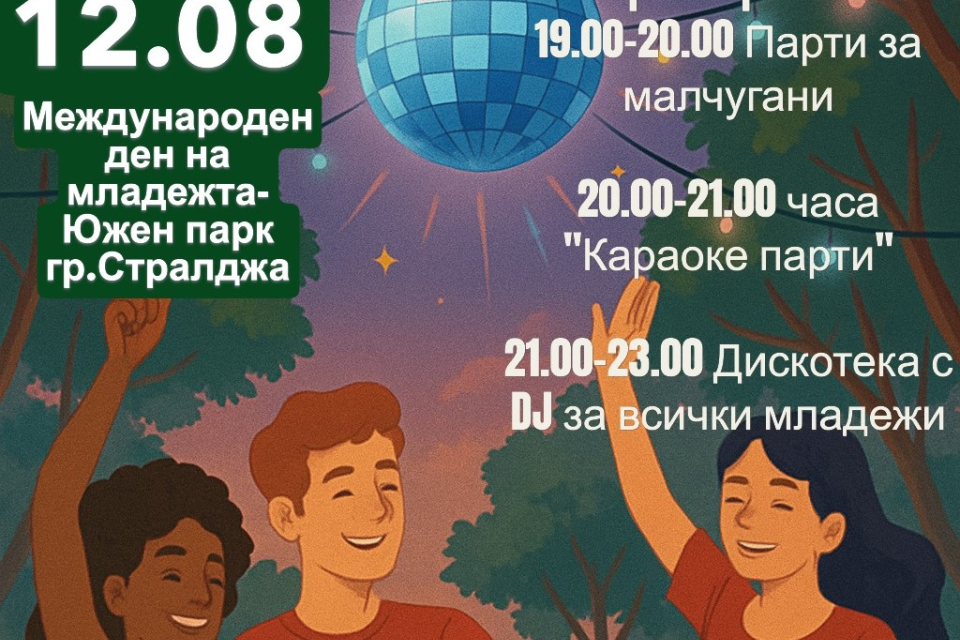 На 12 август, по повод Международния ден на младежта, Община Стралджа и НПО „Заедно с теб – Стралджа“ организират вълнуваща дискотека за деца и младежи...