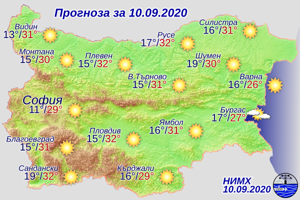 Днес ще бъде слънчево. Ще духа слаб, в Източна България до умерен вятър от изток-североизток. Максималните температури ще са между 27° и 32°.
Над планините...