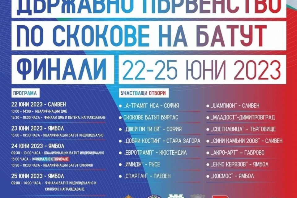 Държавното първенство по скокове на батут ще се проведе от 22 до 25 юни със съвместното домакинство на Ямбол и Сливен. Шампионатът е организиран от Българската...