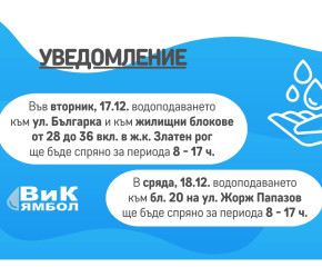 За спирания на водата в два ямболски района съобщиха от „Водоснабдяване и канализация”